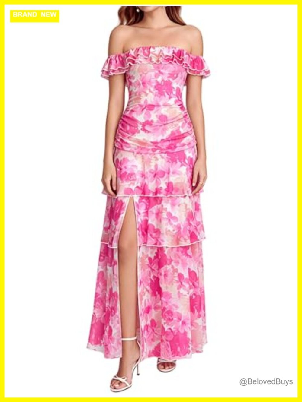 Off Shoulder Floral Maxi Dress Ruffle Ruched Waist Tiered Slit